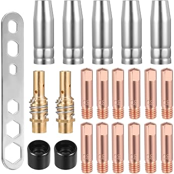 MB15AK 22-Piece Wear Parts Set Protective Gas Welding Machine Accessories with 12 x Power Nozzle M6 0.8 mm 5 x Welding Nozzles 2 x Nozzle Sticks 2 x Insulator 1 Wrench for MIG MAG Welding Torch