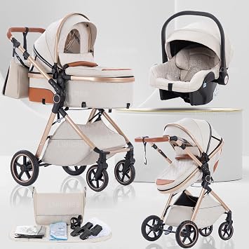 Baby Stroller 3 in 1, Stroller System Handle is Adjustable-Beige