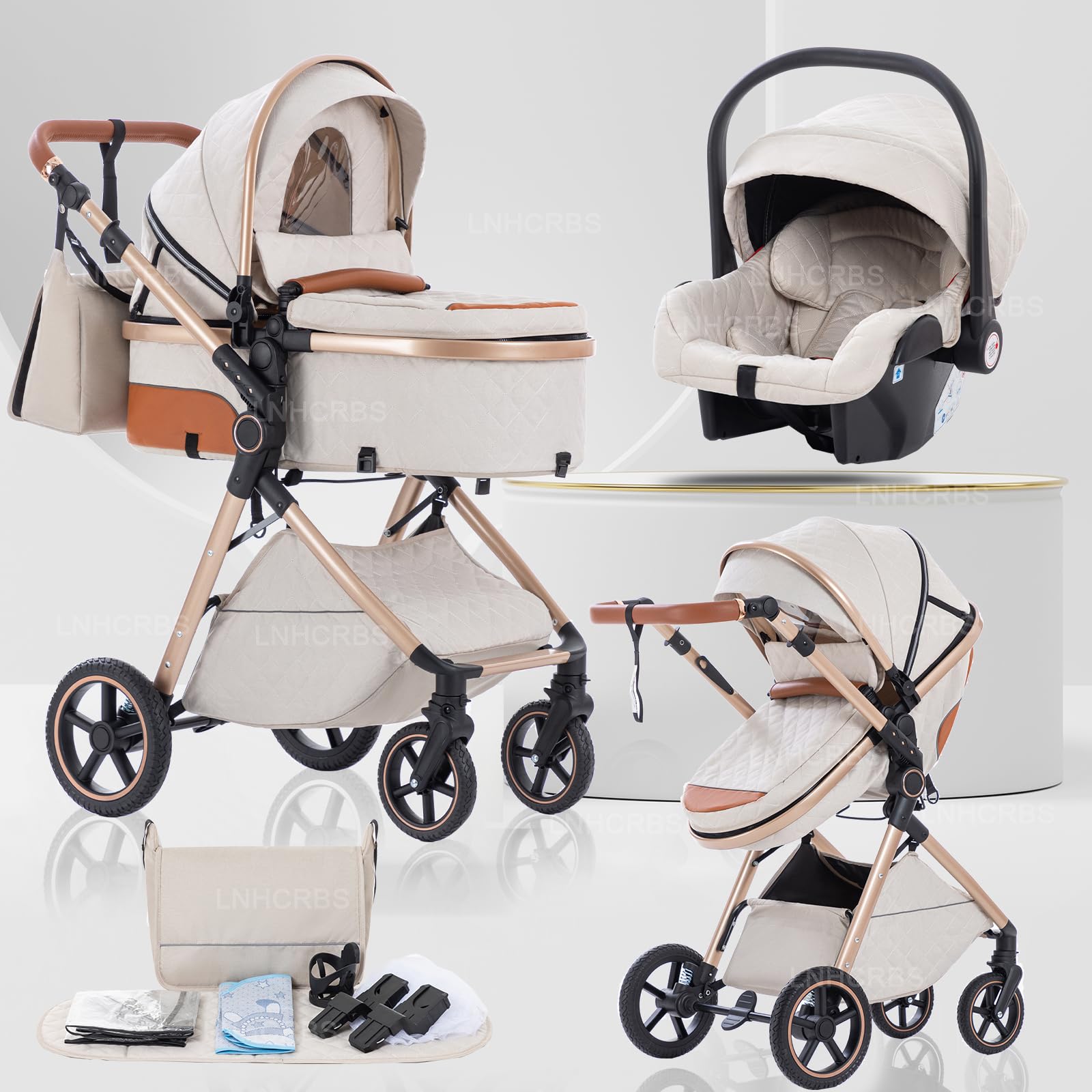 Lnhcrbs Kinderwagen 3 in 1 für Neugeborene, Reisesystem-Korb ist faltbar, Babywagen-Griff ist verstellbar, die Räder sind aus PU-Material, geeignet von Geburt bis 3 Jahre,Beige