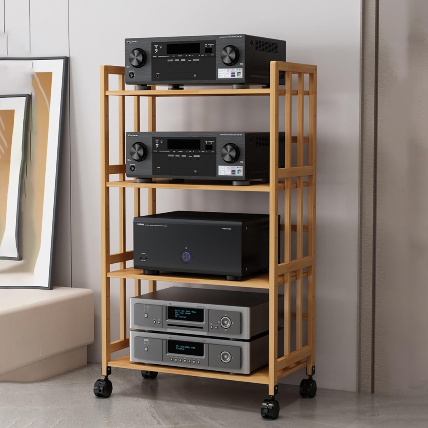Estante de pared para altavoces de 5 niveles, soporte de vinilo para dormitorio y sala de estar, armario de entretenimiento para reproductor de grabación de video, diseño elegante de madera (70 x 38 x