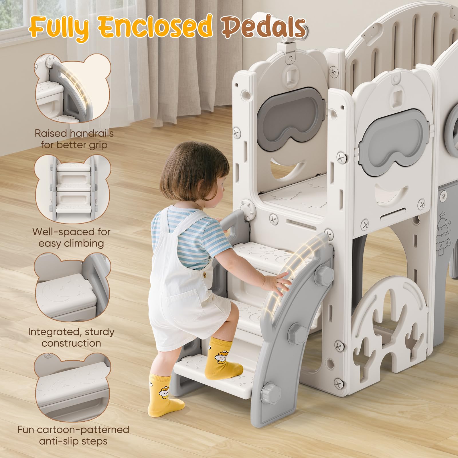 Scivolo per bambini, scivolo per bambini piccoli indipendente con canestro da basket, attrezzatura per parco giochi con scivolo, scivoli all'aperto (Blu Grigio-7 in 1)