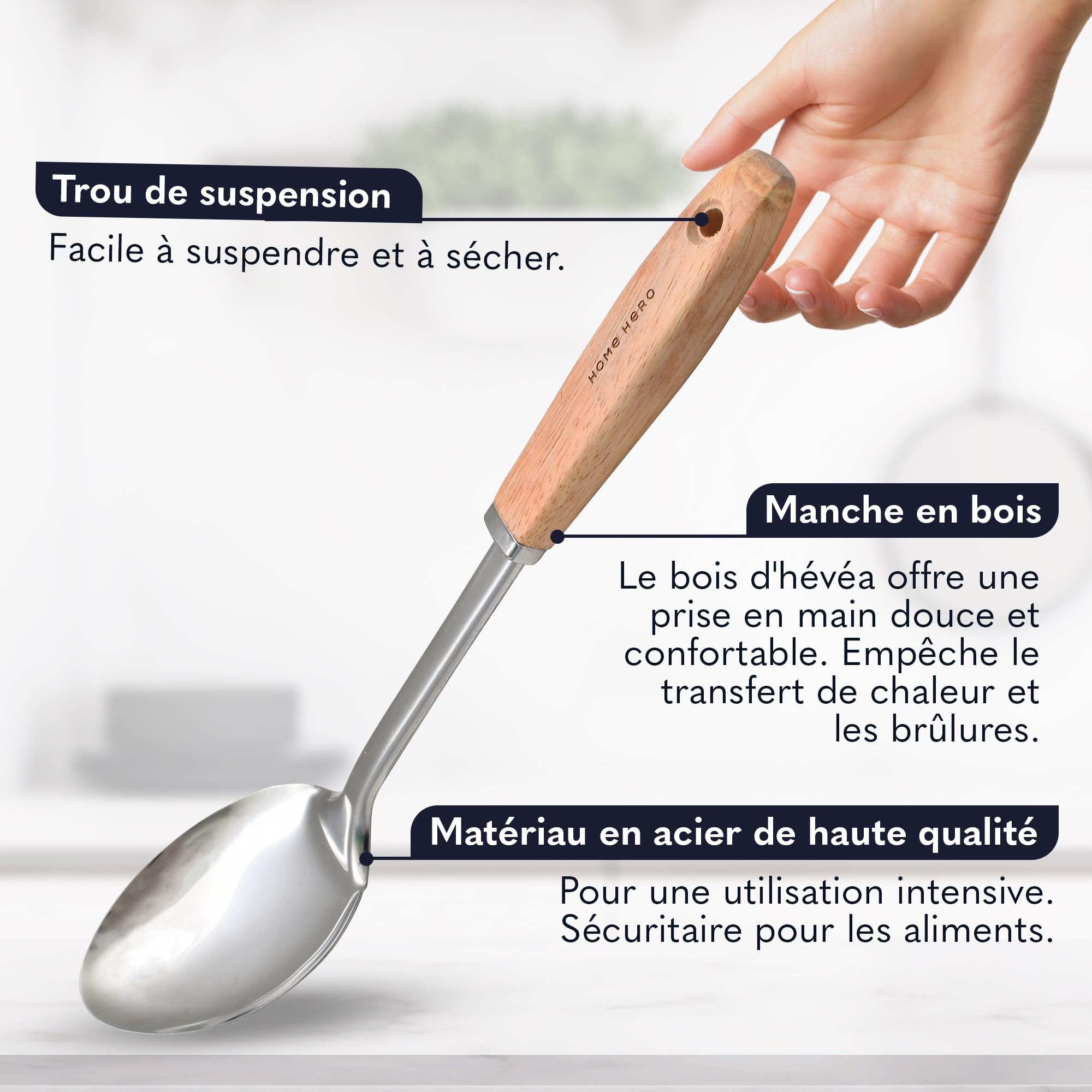 Home Hero Ensemble d'ustensiles de cuisine en acier inoxydable - Ustensiles et aides de cuisine en métal résistants à la chaleur et durables (10 pcs - Bois et Argent)
