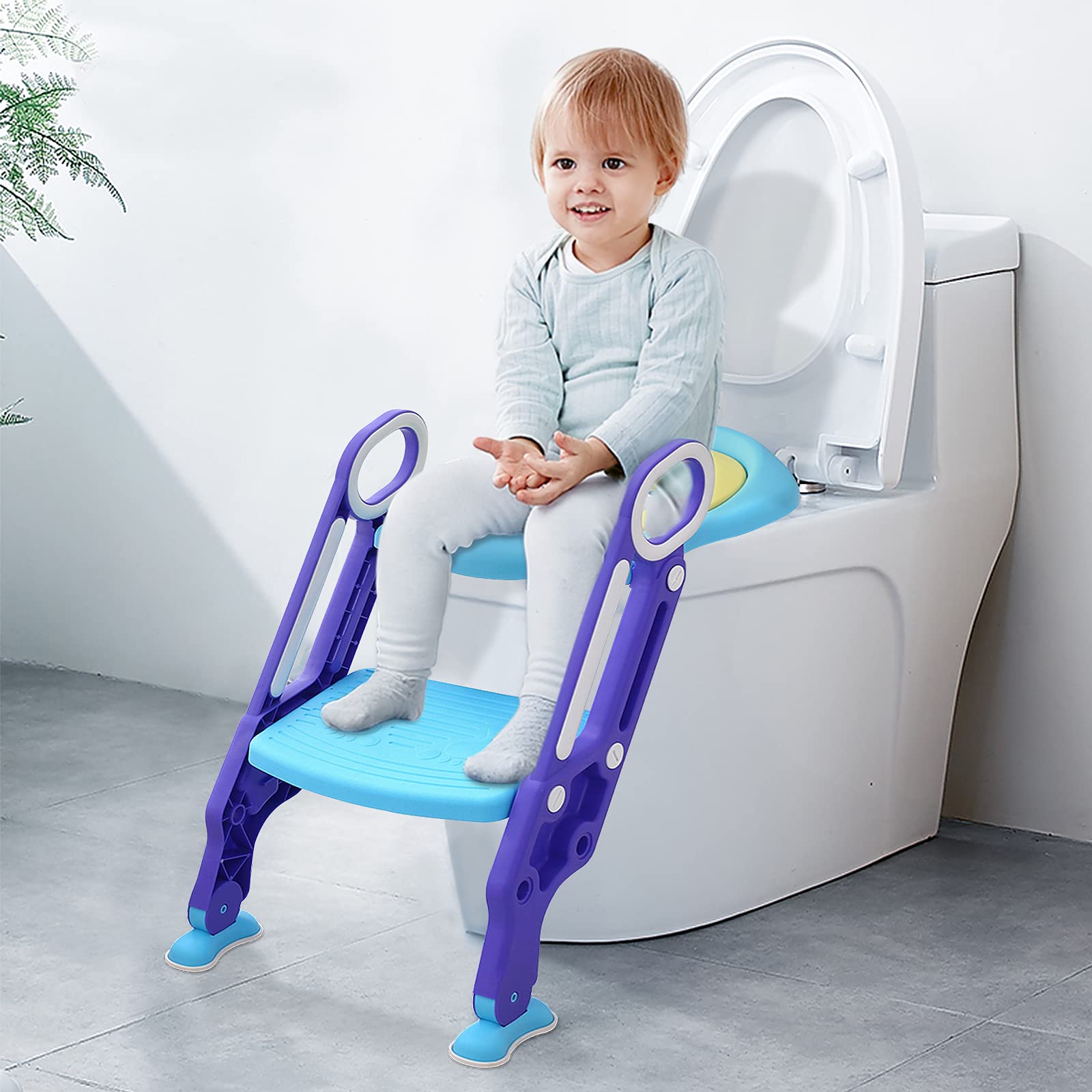 YUENFONG Toilettensitz Kinder Toilettentrainer mit verstellbarer Treppe, Klappbarer Töpfchentrainer Toiletten Mit einem PU Kissen, Höhenverstellbar 38-42 cm für Kinder von 1-7 Jahren (Blau und Lila)