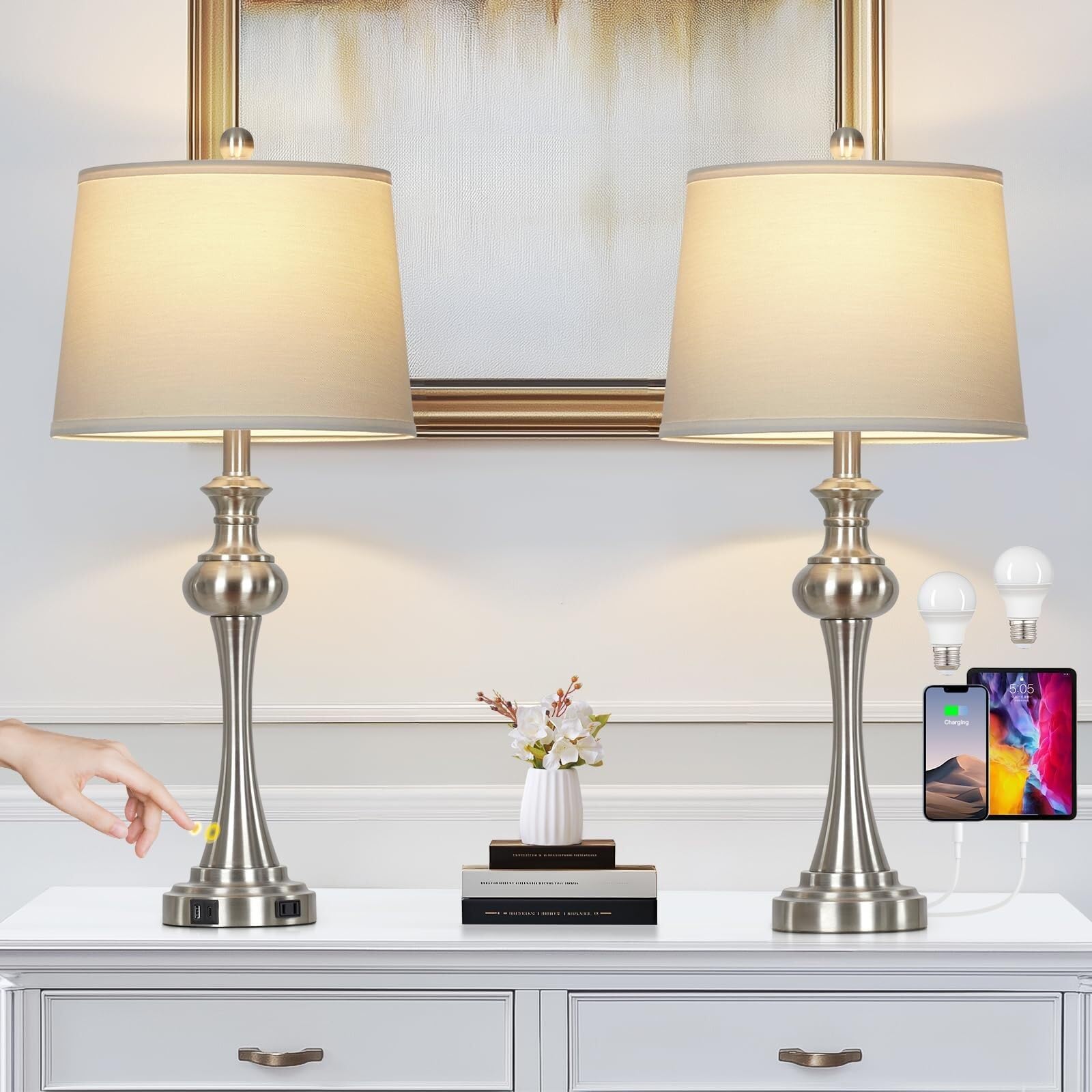 XANAYXWJ Lampe avec Prise USB CA pour Chambre à Coucher, Table de Chevet, Table Basse, Incluse, Convient pour Le Salon, Le dortoir, Le Bureau (argenté - Lot de 2)