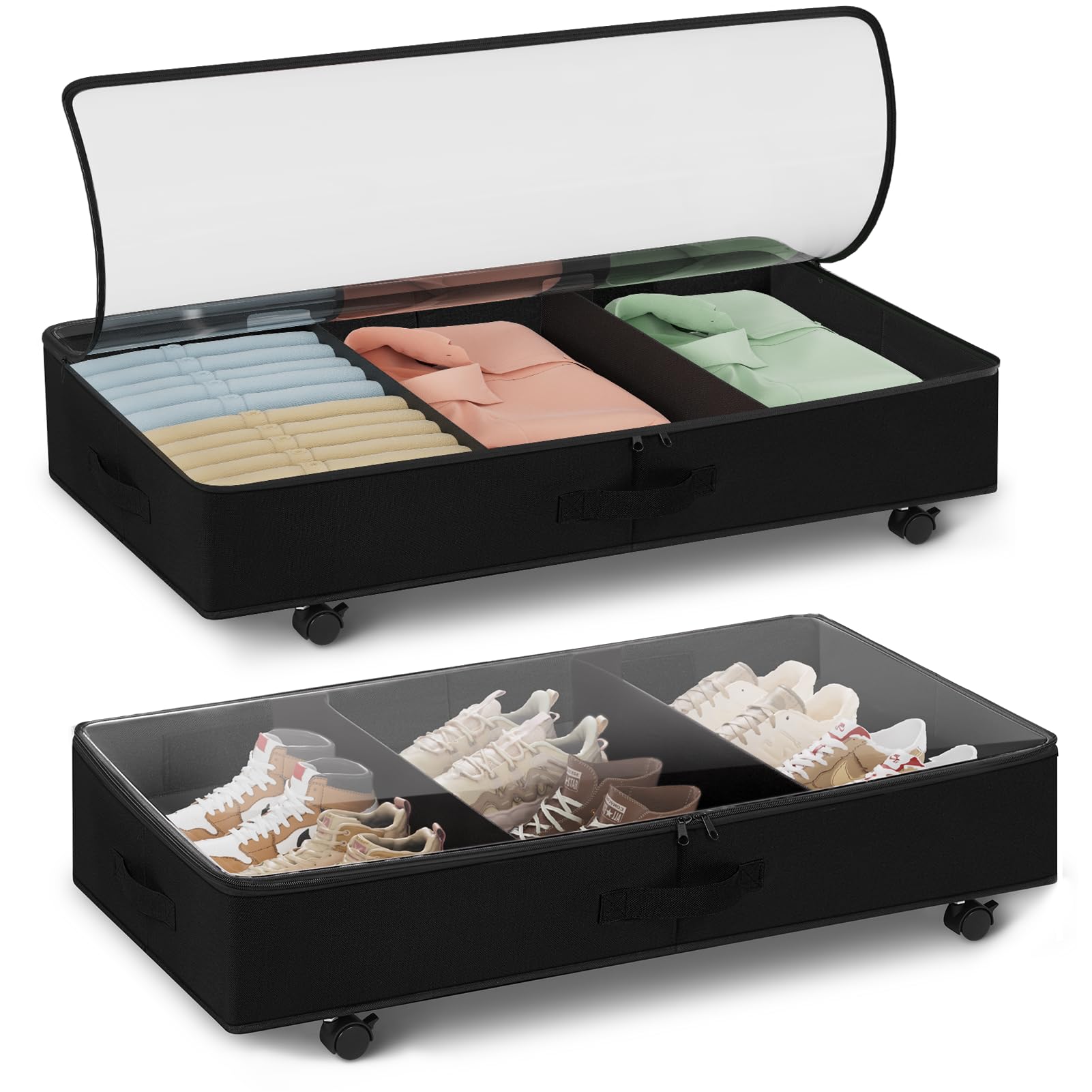 Warmiehomy Almacenamiento debajo de la cama con ruedas, paquete de 2 cajas de almacenamiento debajo de la cama con tapas y separadores ajustables, organizador de zapatos debajo de la cama de 44 litros