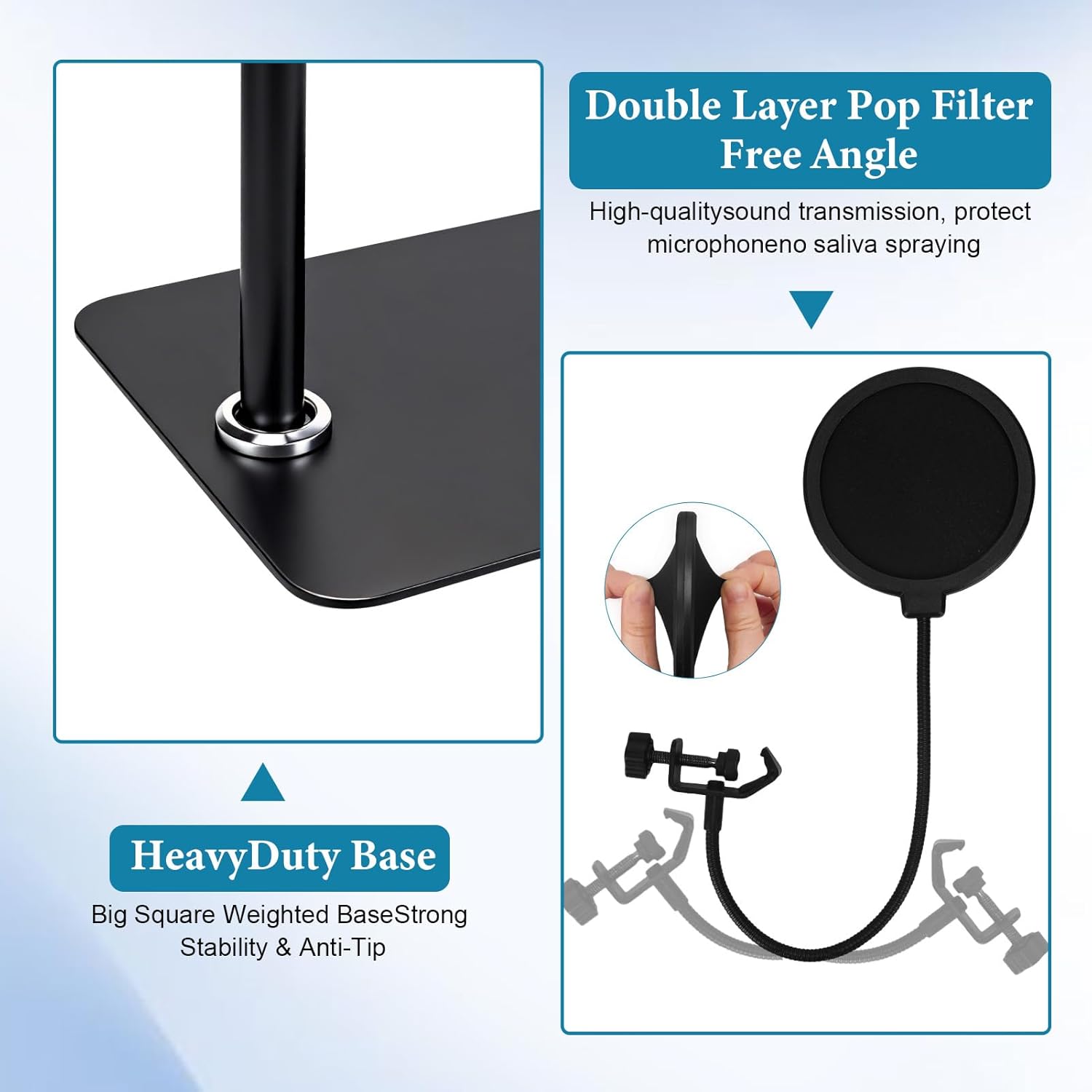 Mic Stand Floor Boom Arm for Blue Yeti, Nano, Snowball, HyperX QuadCast, SM7B MV7, Fifine K688 and More Mic, Boom Mic Stand Clip Holder with 3/8" to 5/8" 1/4" Screw,Pop Filter Mic Clip Cable Ties,Tray