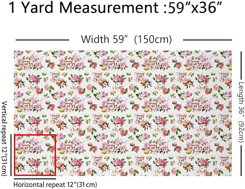 Miniatura 2 de Feelyou The Yard, tela floral de flor de cerezo, tazas de té de acuarela, tartas de macarrón, tela de tapicería para sillas y proyectos de bricolaje