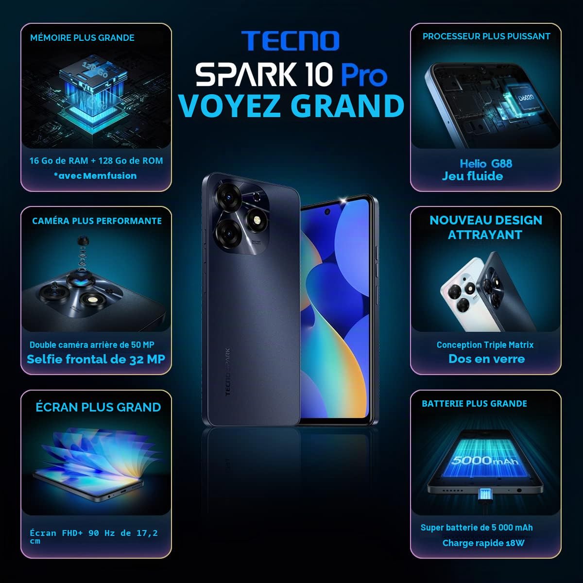 Tecno Mobile Spark 10 Pro Smartphone (Android, Double SIM, écran 2460 x 1080 Pixels, 8 Go de RAM, mémoire 128 Go, Octa-Core, Double Appareil Photo 50 MP), Noir étoilé