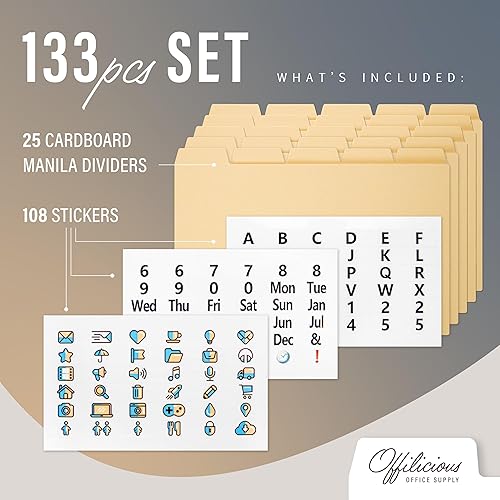Vista 20 de 25 separadores de tarjetas de índice Manila de peso pesado de 4 x 6 – Divisores organizadores de índices con pestañas y 108 calcomanías