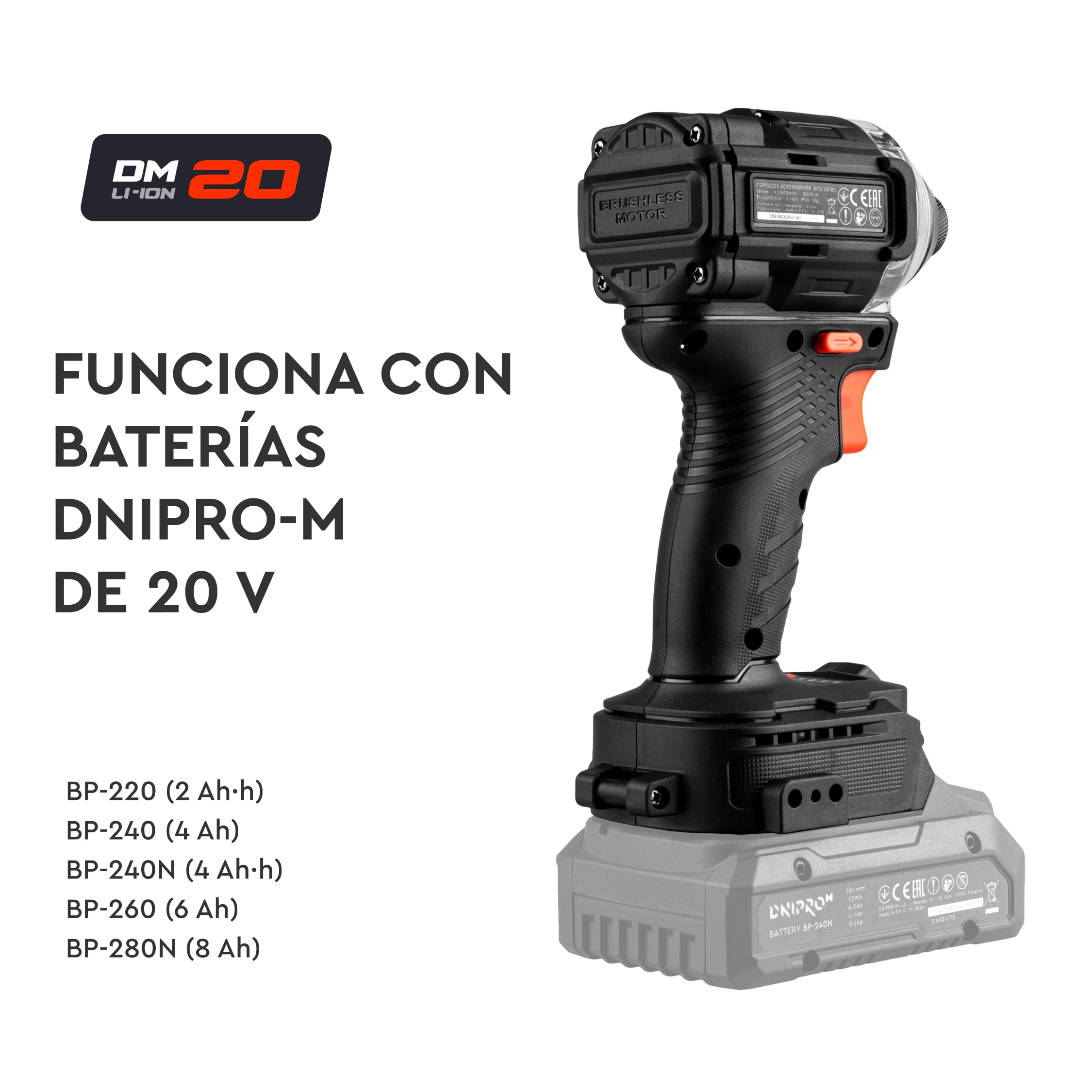 Atornillador de Impacto Inalámbrico 20 V DTD-201BC - Motor Brushless 200 Nm, 4 Velocidades 0-3600 rpm, 4200 Ipm, Portabrocas 1/4" HEX, Led, Portatil, Solo 1 kg - Bateria 2Ah y Cargador - Por Dnipro-M
