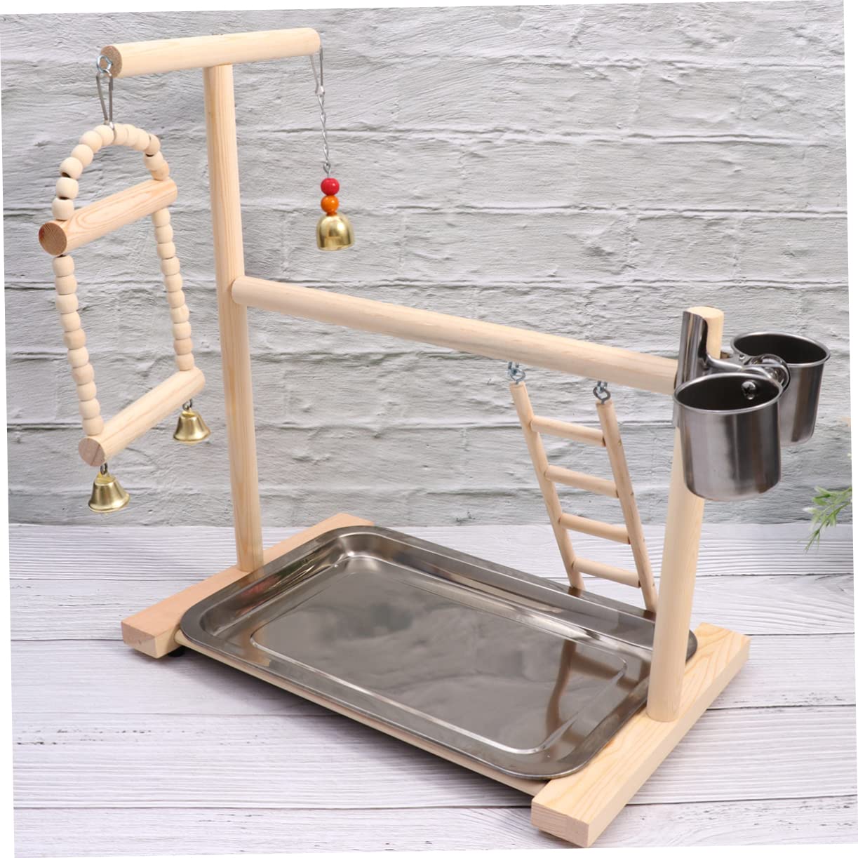 COLLBATH Supporto da Gioco per Pappagalli in Legno Ciotola in Acciaio Inox, per Gabbia o Giardino, Stabile e Resistente Colore Casuale