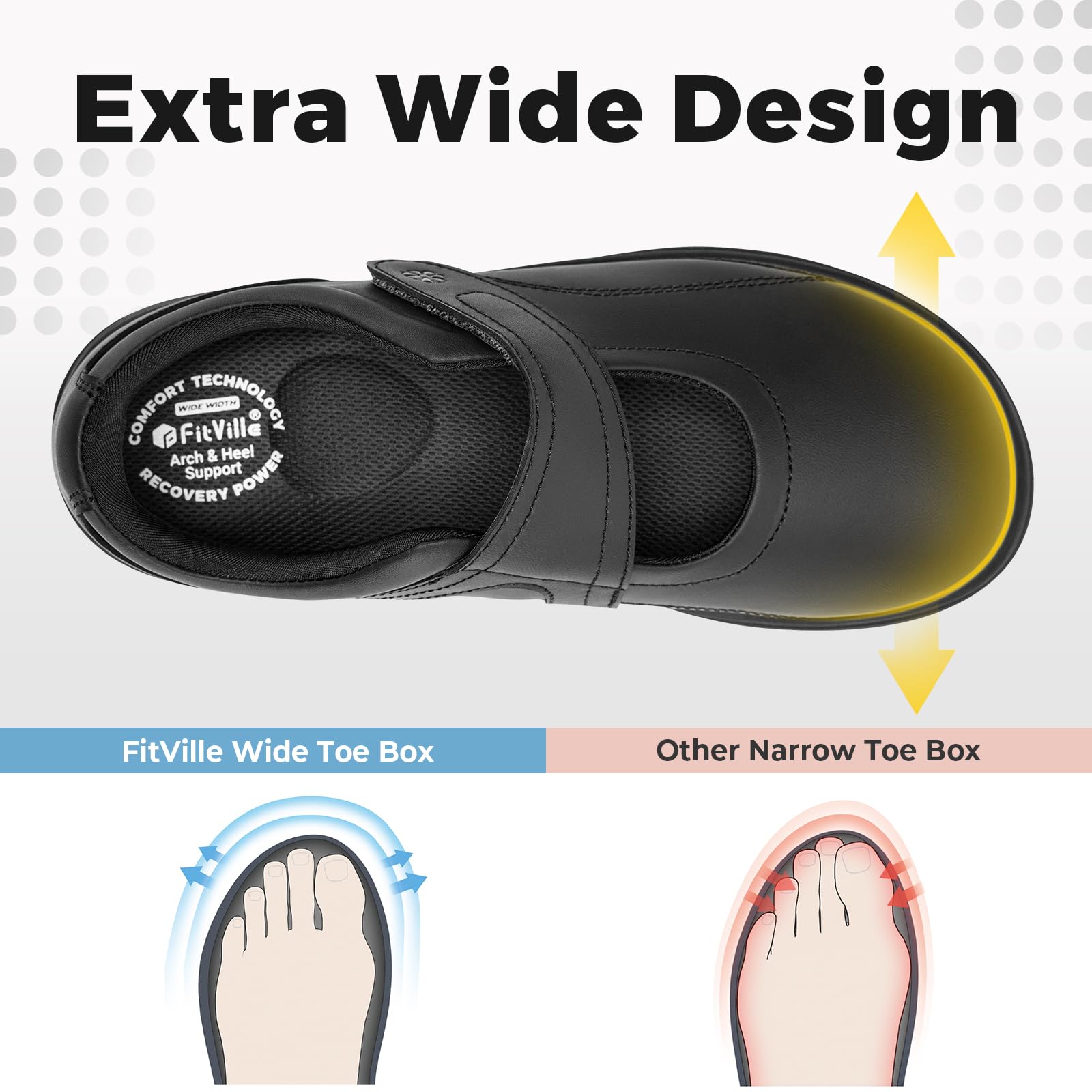 FitVille Extra Weite Seniorenschuhe mit Klettverschluss Damen Mary Jane Halbschuhe aus Mikrofaserleder Weich Leicht Freizeit Walkingschuhe Gesundheitschuhe Bequem Business Anzugschuhe für Breite Füße