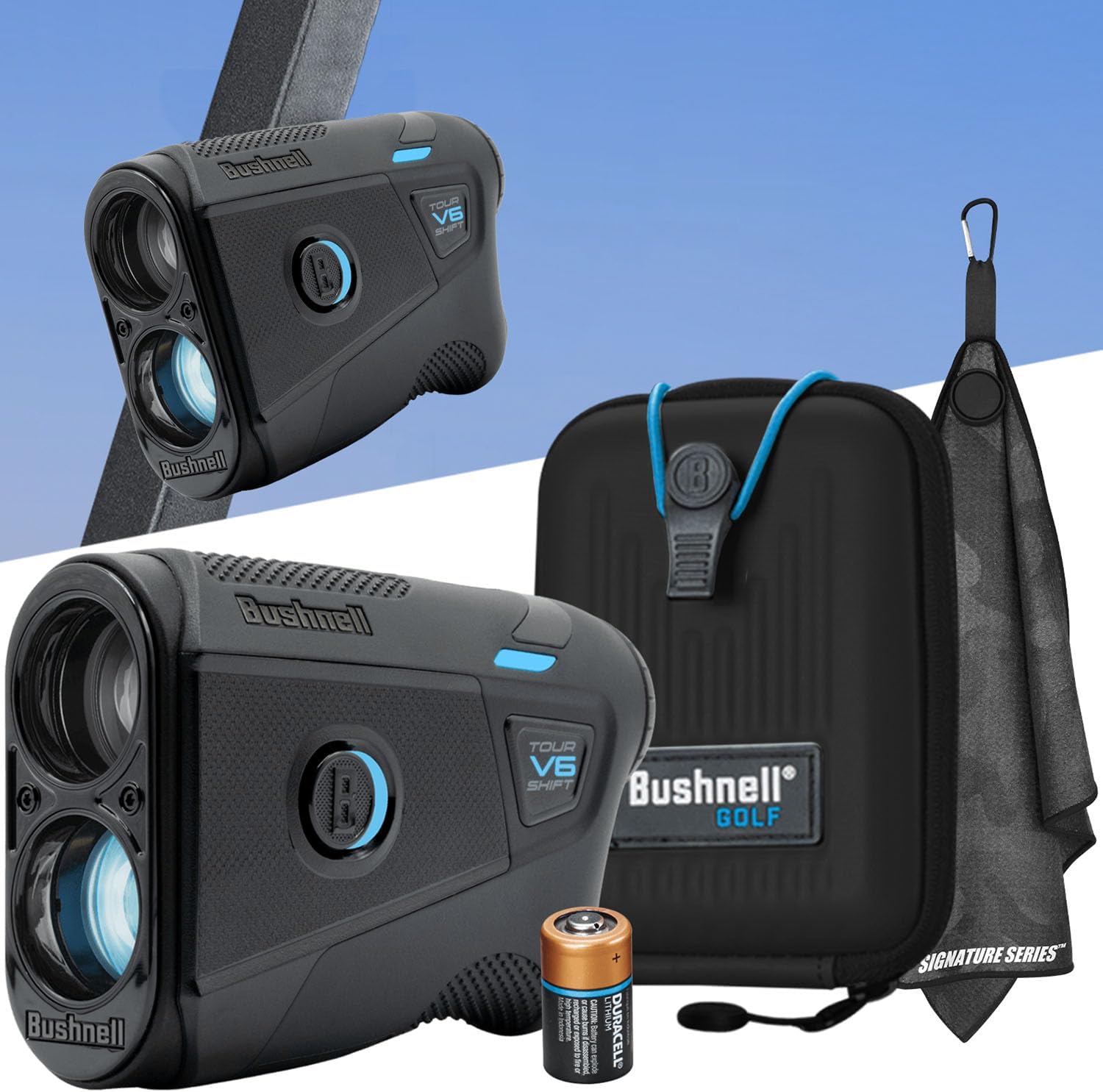 Bushnell Golf Tour V6 Shift Laser Rangefinder | Slope Compensation, PinSeeker, Magnetic Mount, 6X Magnification, 1300 Yard Range, 3D Flyovers in App, Signature Series Golf Towel