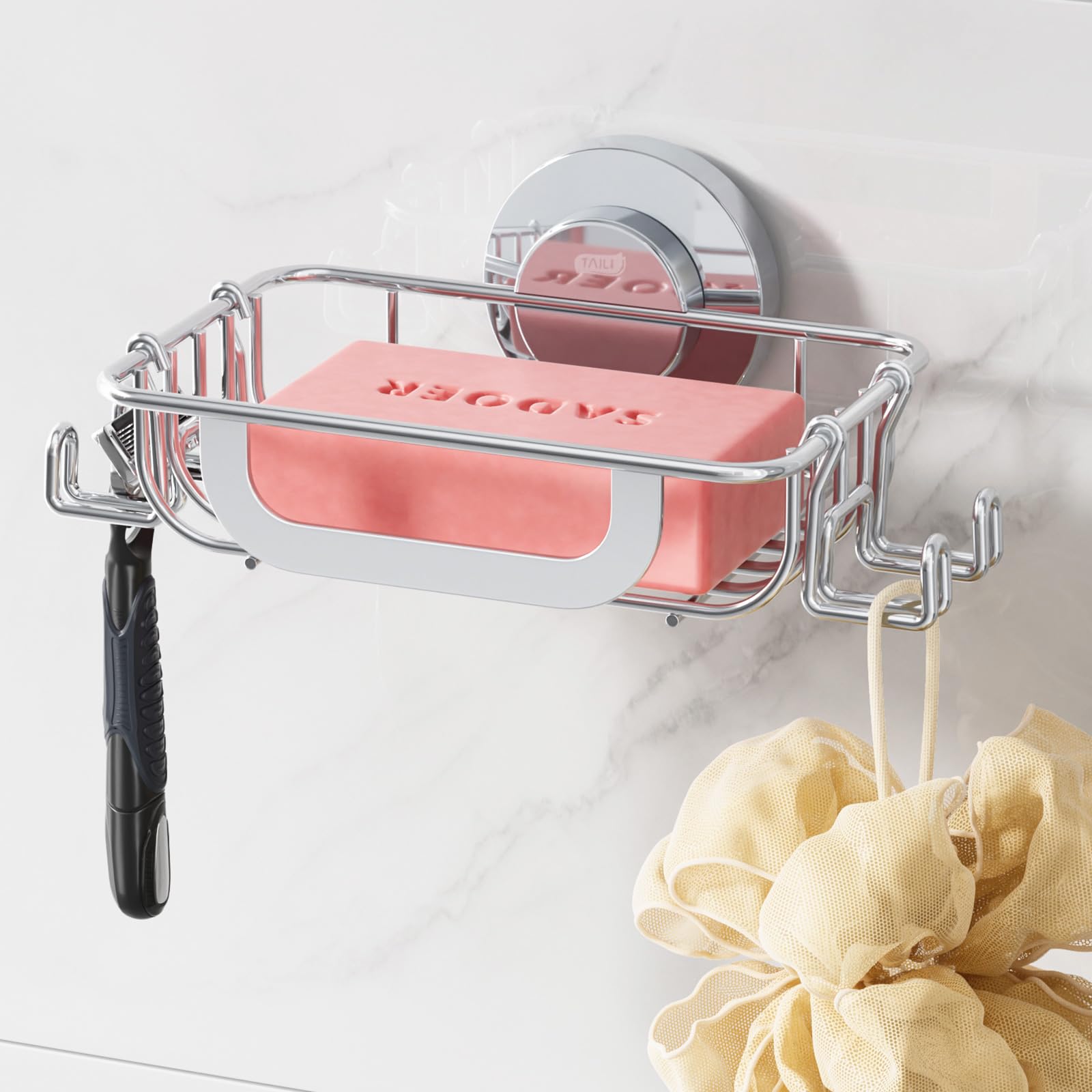 TAILI Soap Dish Holder with Hooks Bar Soap Tray Saver Suction Cup with Razor Holder for Shower Wall