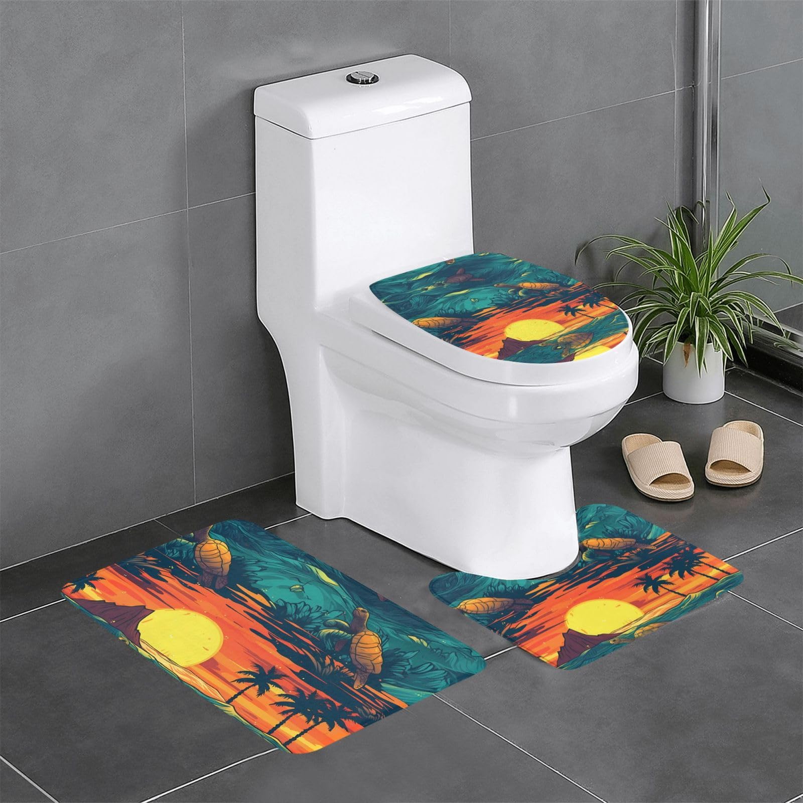 Tapis de salle de bain imprimés mer lot de 3 pièces tapis de sol antidérapant lavable WC