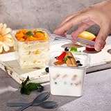 LATERN 50Pcs Plastic Dessert Cups with Lids, 360ml Square Dessert Cup Clear Parfait Appetizer Cup Reusable Serving Bowl with Sporks for Desserts Pudding Mousse Party (10cm x 7.5cm) - 5