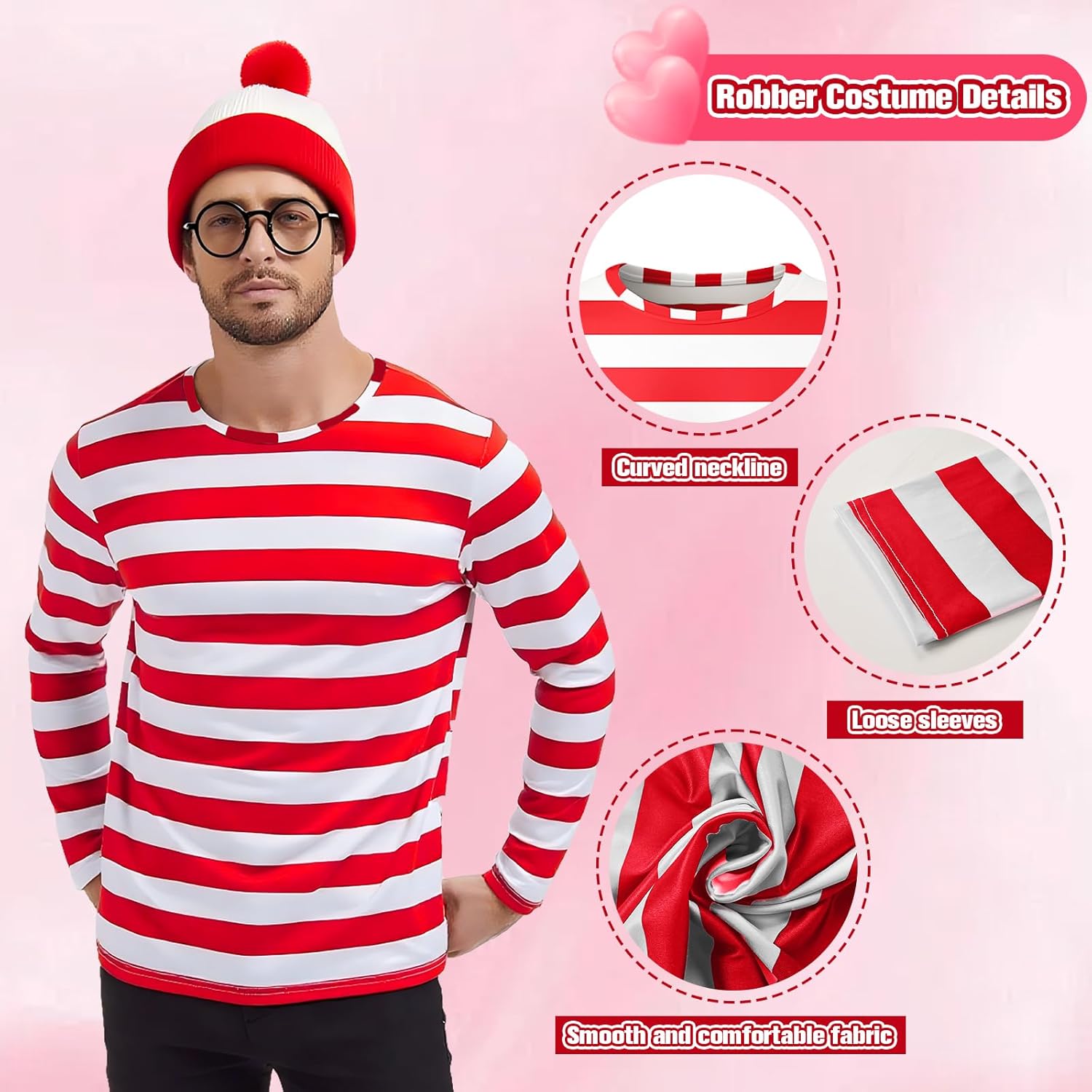 3PCS, Red and White Striped Shirt Hat Glasses Suits Adult Men Halloween Cosplay Costume - Image 4