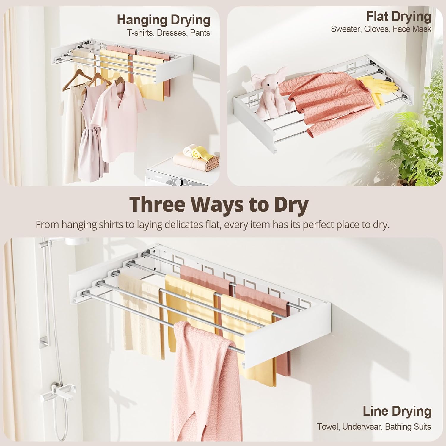 Wall Mounted Clothes Drying Rack Folding Indoor, Foldable Laundry Drying Rack Collapsible,Invisible, Space Saving, Retractable Towel Drying Rack, with Wall Template(5 Drying Rods, White 32")