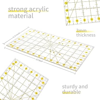 Acrylic Sewing Ruler - 3 Pack Yellow Quilting Rulers - 6.5 x 12 inch Sewing Ruler Clear, Fabric Cutting Ruler with Non-Slip Surface for Precision Cutting, Great for Sewing and Quilting