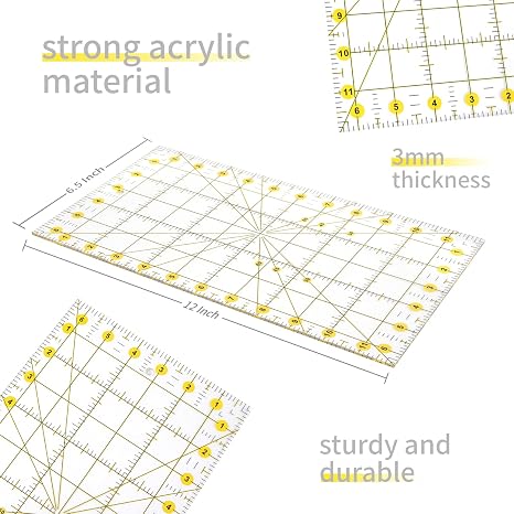 Acrylic Sewing Ruler - 3 Pack Yellow Quilting Rulers - 6.5 x 12 inch Sewing Ruler Clear, Fabric Cutting Ruler with Non-Slip Surface for Precision Cutting, Great for Sewing and Quilting