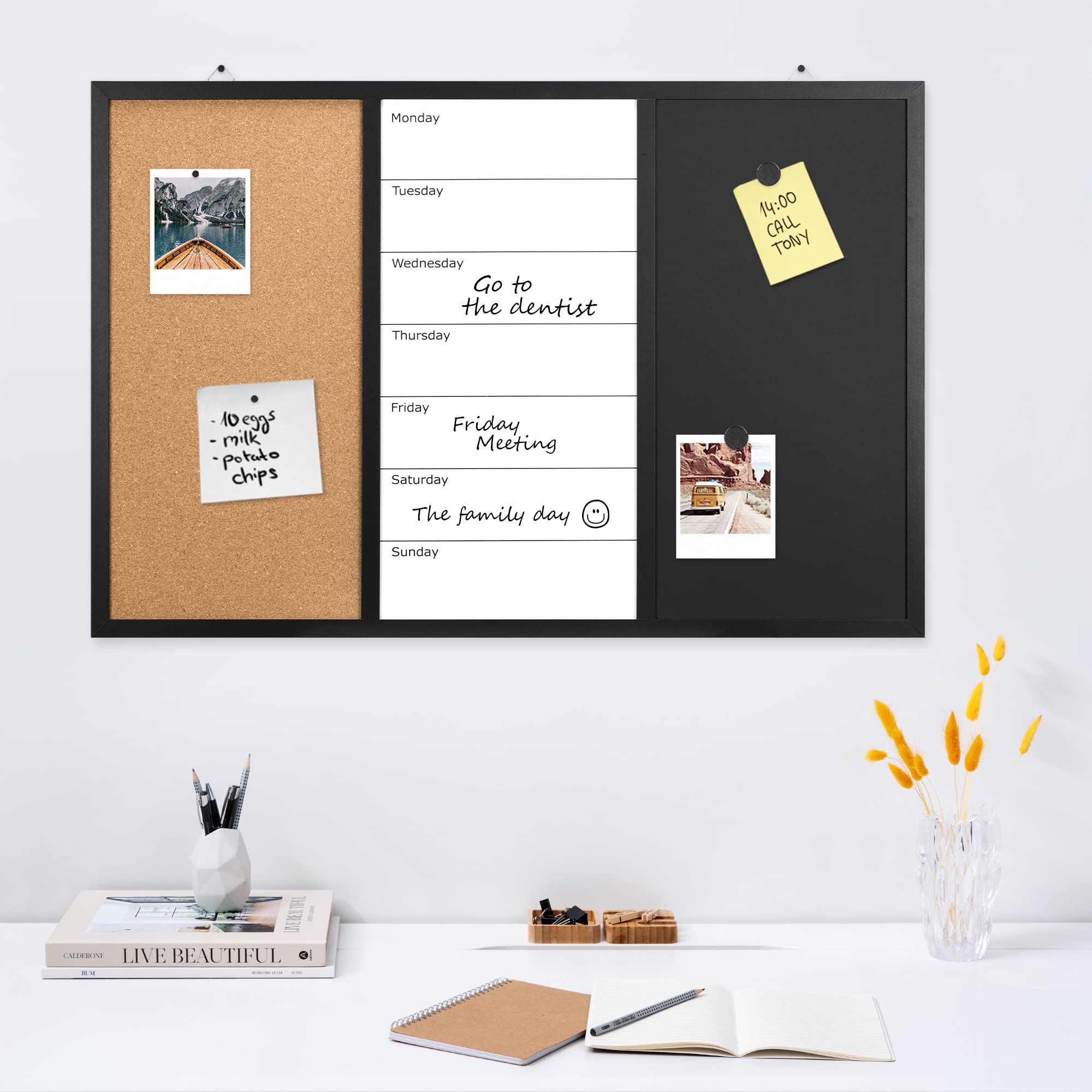 Navaris Tablero combinado de pared - Panel organizador triple magnético con corcho 90 x 60 cm