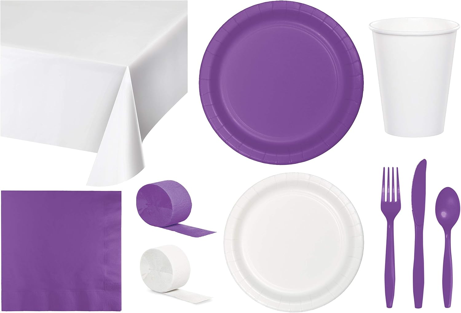 Baxters Party Bundle Bulk, Tableware for 24 People White and Amethyst, 2 Size Plates Napkins, Paper Cups Tablecovers and Cutlery, Box of 199