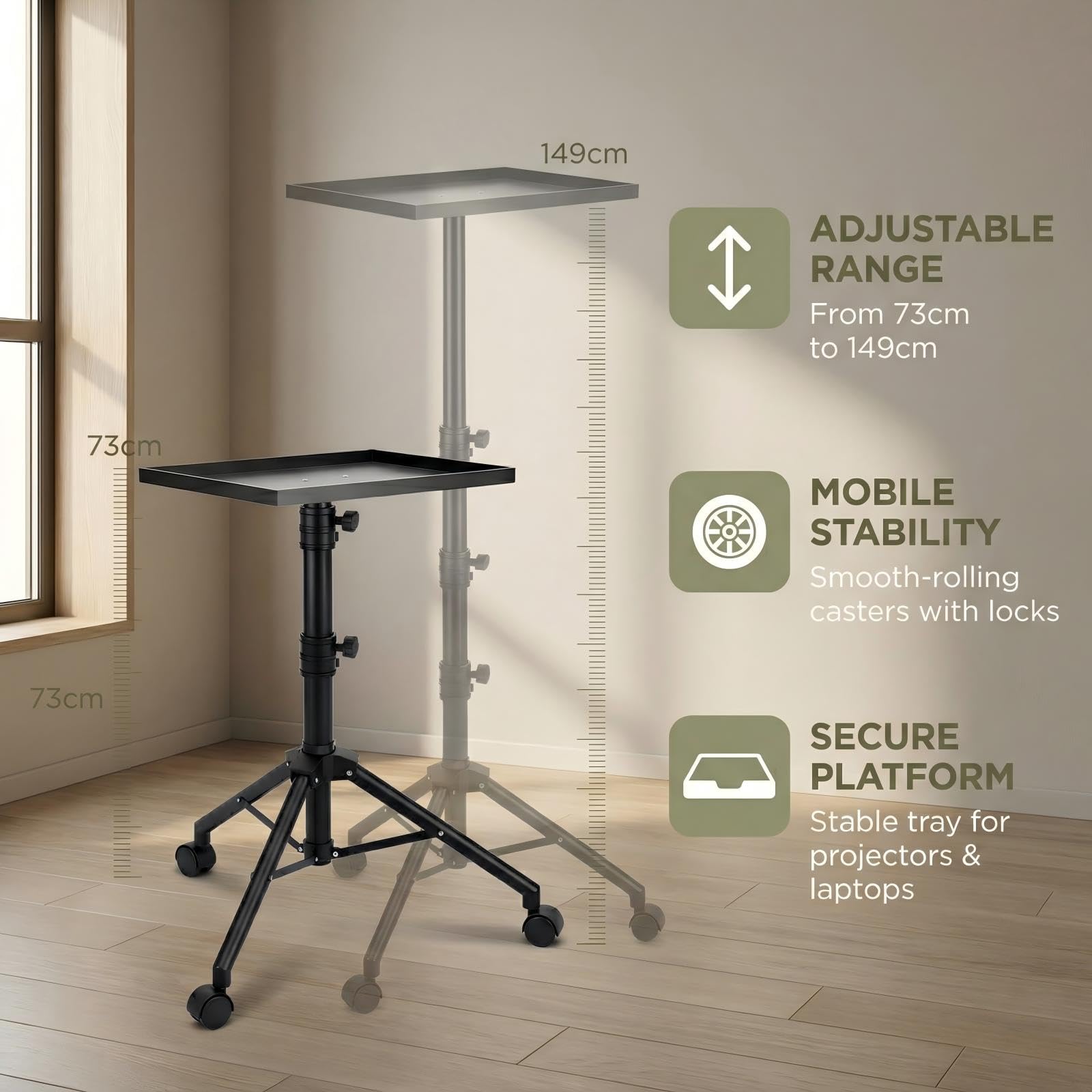 Tungzitgap Projector Stand, 4-in-1 Music Stand, Portable Floor Projector with Wheels, Height Adjustable, 73 to 149 cm, 180 Degree Rotated