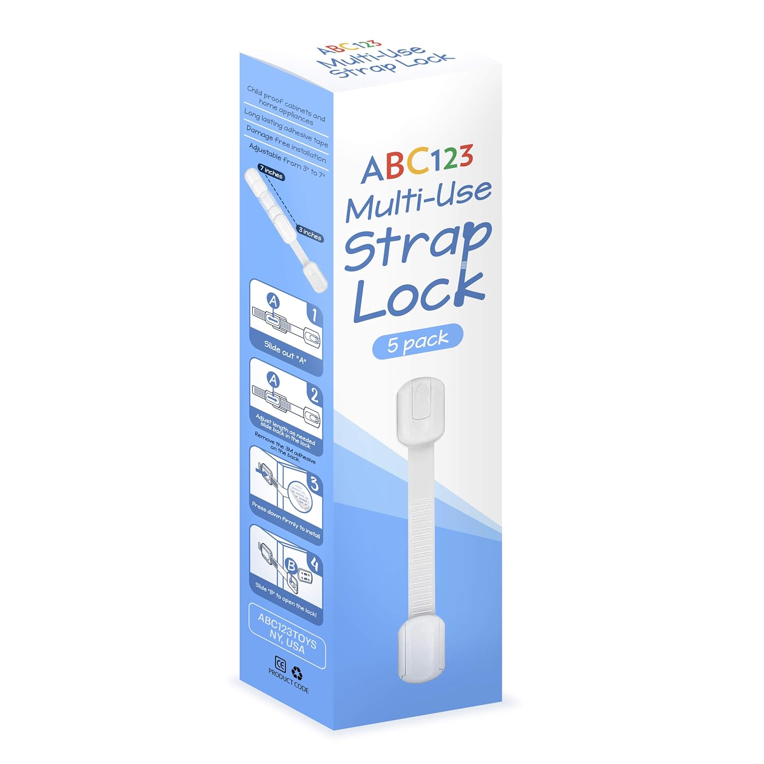 ABC123 - Child Safety Strap Locks (5 Pack) for Baby Proofing Cabinets, Drawers, Fridge & Toilets - Adjustable Strap Latches with Strong Adhesive, No Drilling Needed
