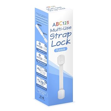 ABC123 - Child Safety Strap Locks 5 Pack for Baby Proofing Cabinets, Drawers, Fridge & Toilets - Adjustable Strap Latches with Strong Adhesive, No Drilling Needed
