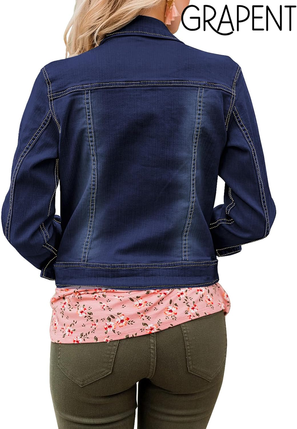 GRAPENT Women's Basic Button Down Long Sleeve Stretchy Jean Trucker Denim Jacket - Image 2