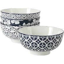 Gibson Home Castle Way 4-Piece Large Serving Bowl Set, 8 Inch Round Stoneware Bowls, Blue & White Assorted Pattern, Decorative Everyday Use