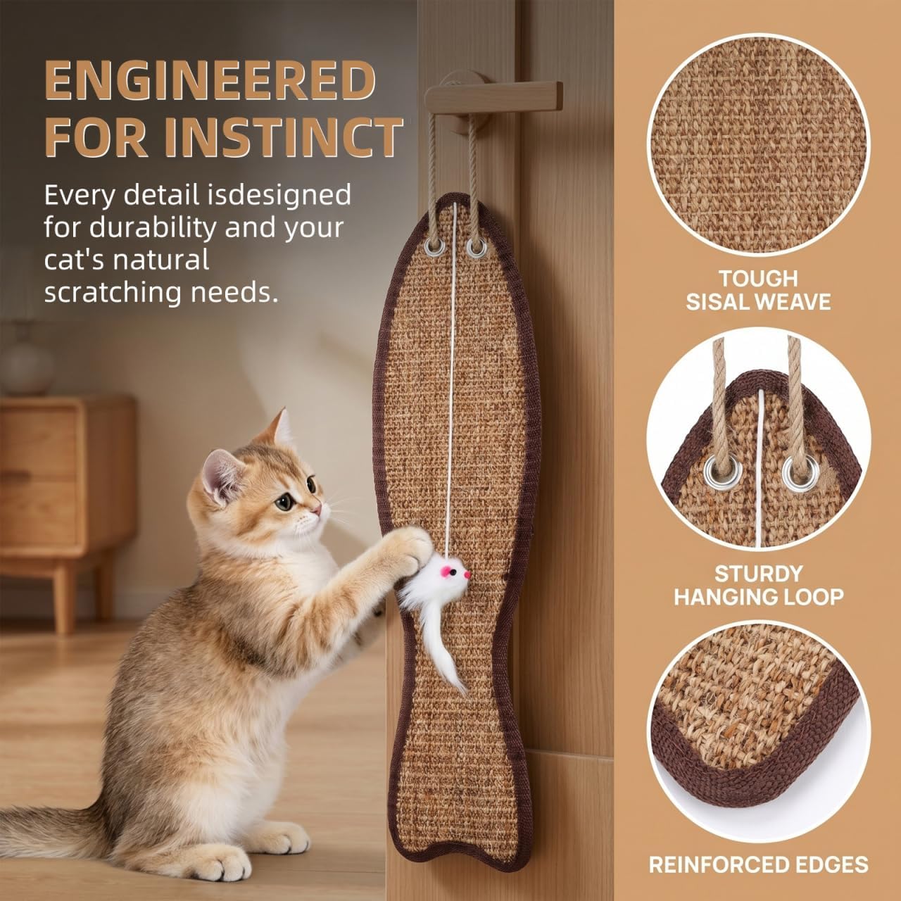 Balacoo Hanging Cat Scratcher Mat, Fish Shaped Sisal Cat Scratch Pad for Door Knobs - Door Scratcher for Indoor Kitten Clawing and Playing - Random Colors, 20.83X5.23 inch