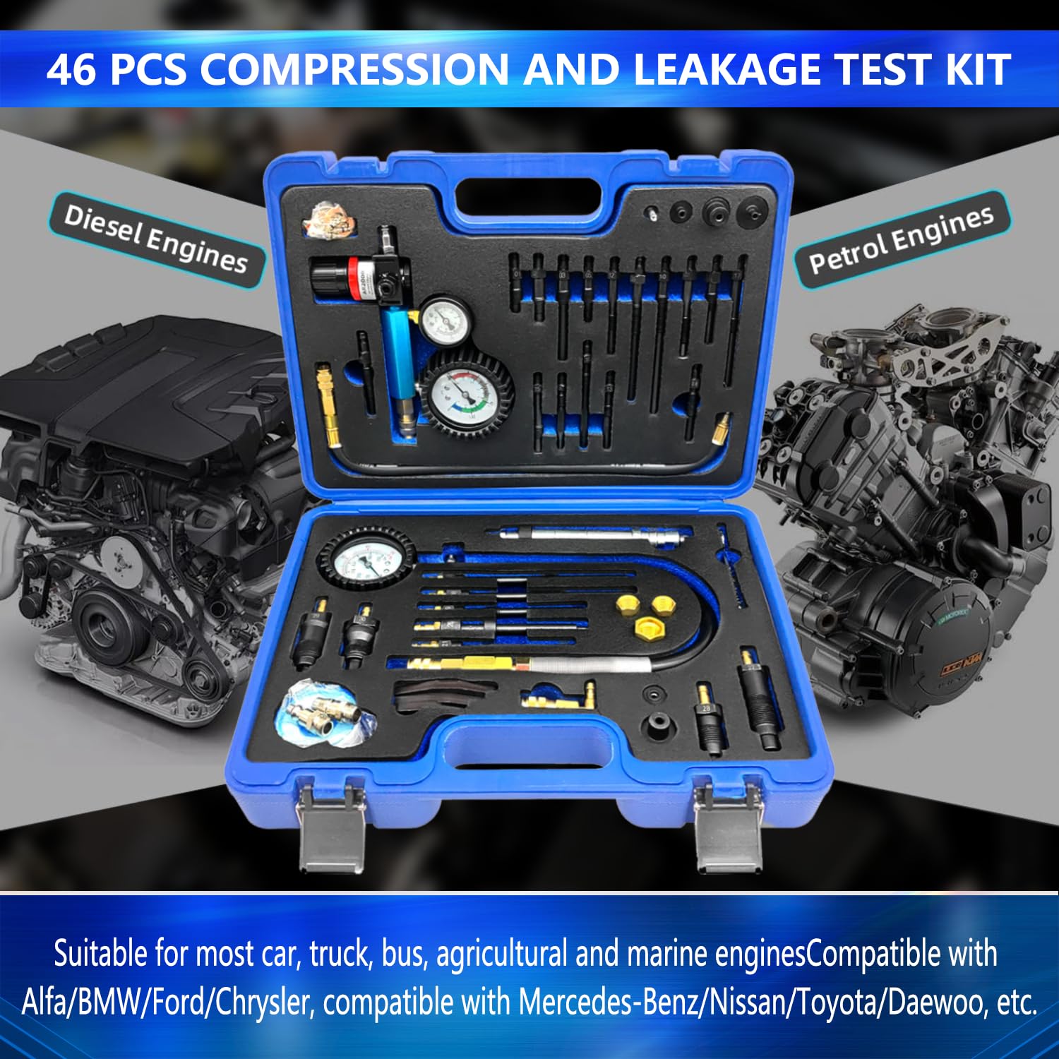 ZKTOOL 46PCS Compression and Leakage Test Kit Petrol & Diesel Dual Gauge Engine Compression Tester Kit Automotive Cylinder Leak Down Tester Kit for HDI, TDCi, Pumpe Duse Engine，0-725PIS