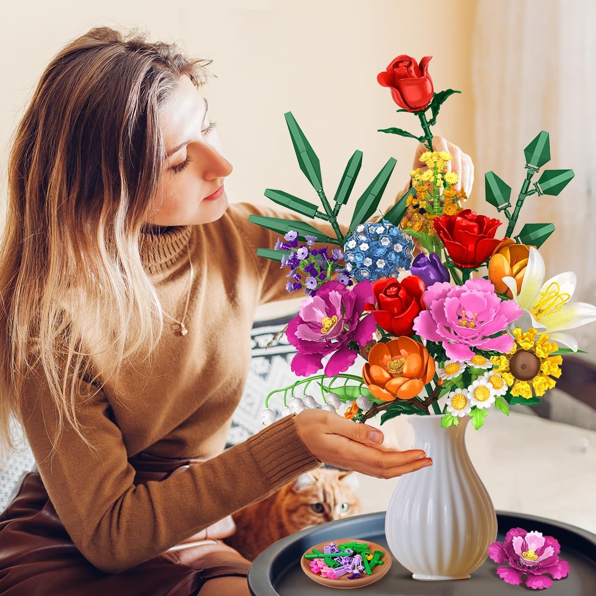 Flower Bouquet Building Set, 1043 PCS Bouquet Botanicals Collection Valentine's Day Gift for Her Girlfriend Wife, 15 Artificial Flowers Building Blocks Home Decor for Adults Women Birthday - Image 2