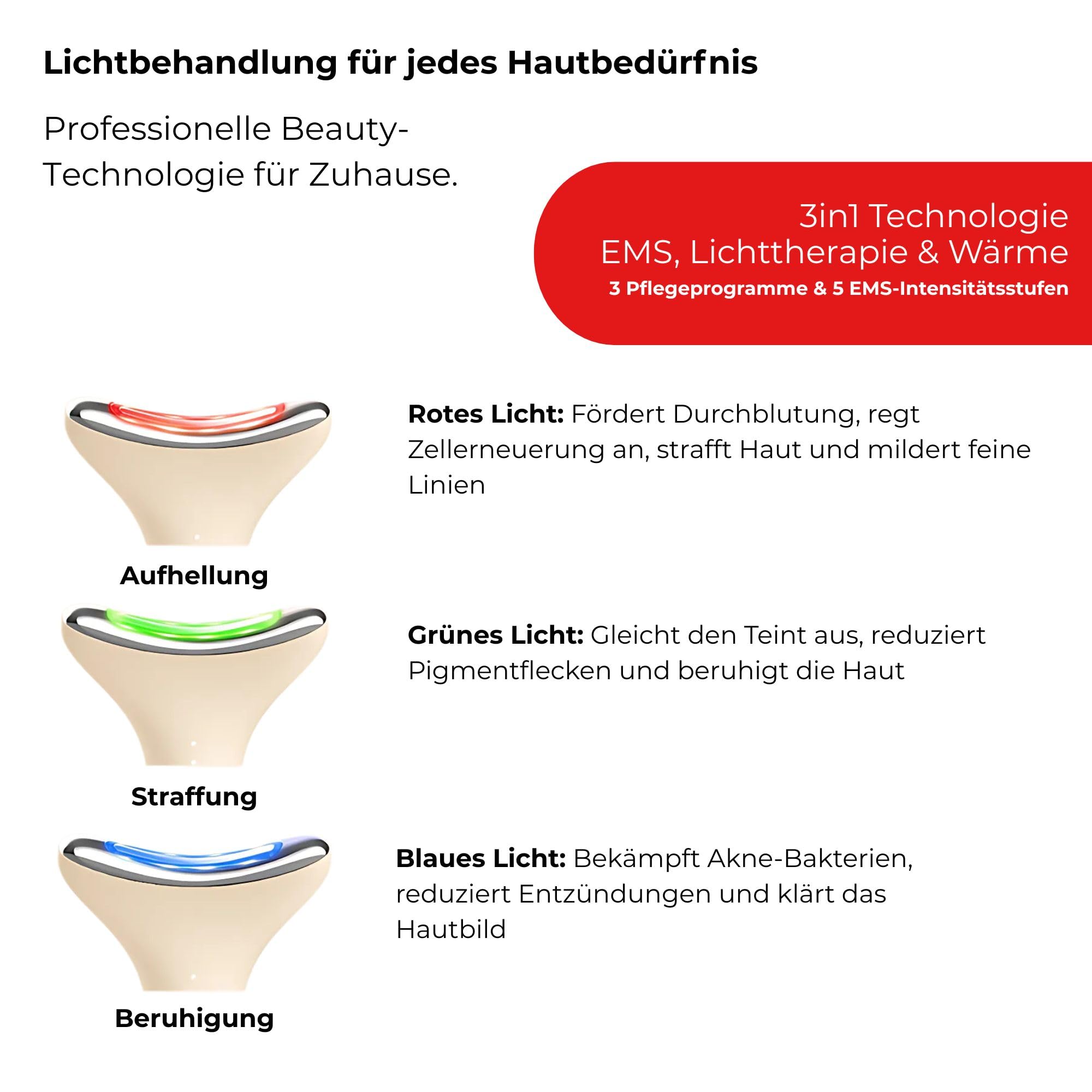 Dermaglow 3in1, Gesichts- und Körpermassagegerät mit 3 Pflegeprogrammen und 5 EMS-Intensitätsstufen, LED Lichtbehandlung Blau, Grün & Rotlicht zur Straffung, Aufhellung & Beruhigung der Haut