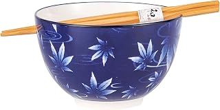 Urban Tokyo Porcelain Japanese Motif Design Ramen Udon Noodle Rice Bowl With Chopsticks 20 fl oz 6 inch Diameter Bowl Sets Color Box Packaging (Maple Leaves)