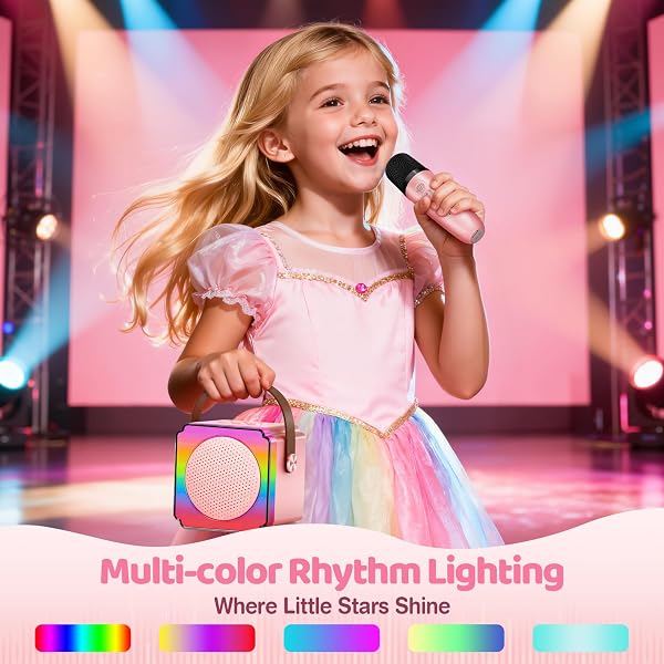 Gontence Karaoke con Microfono, Regalo Compleanno Bambina 3-12 Anni, Karaoke per Bambini con 2 Microfoni Bluetooth Wireless, Luce LED e Cambia Voce, Giocattolo Karaoke per Ragazzi e Ragazze 3-15 Anni - 3