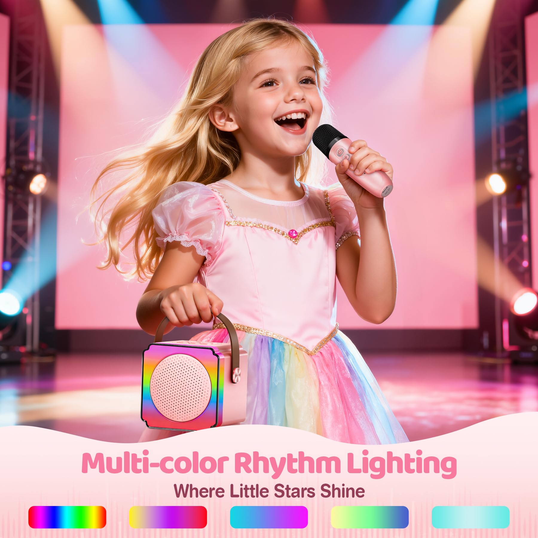 Gontence Karaoke con Microfono, Regalo Compleanno Bambina 3-12 Anni, Karaoke per Bambini con 2 Microfoni Wireless, Luce LED e Cambia Voce, Giocattolo Karaoke per Ragazzi e Ragazze 3-15 Anni