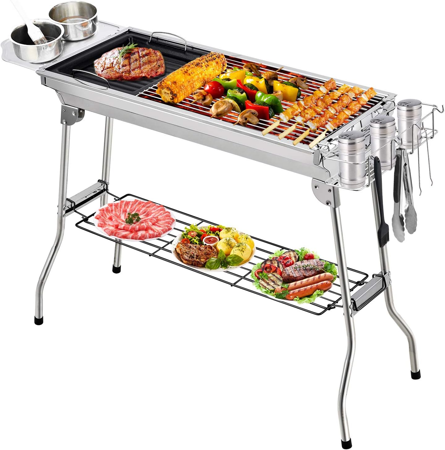 Fixget BBQ Grill, Charcoal Grill,Stainless Steel Barbecue Grill with Stand, Foldable and portable outdoor charcoal bbq, suitable for 5-10 People (Vertical-vent)