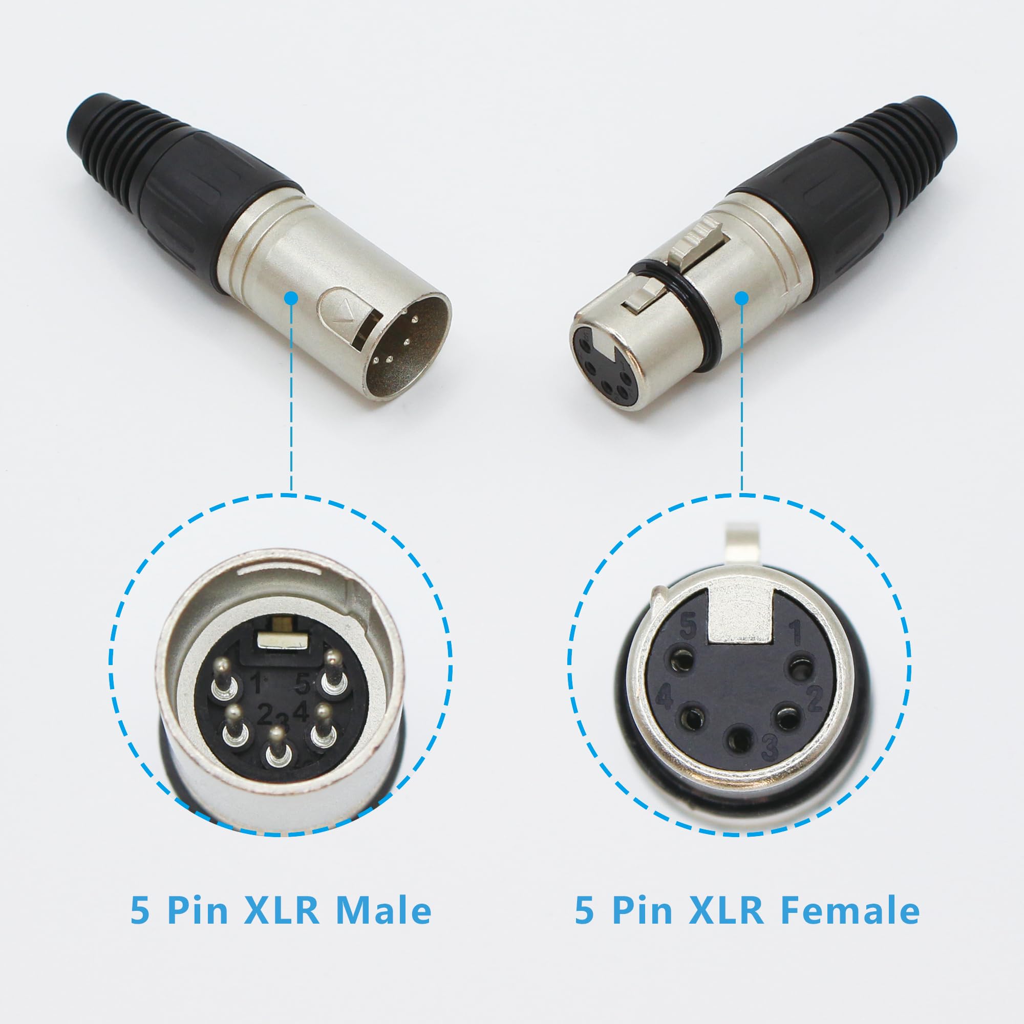 Xilaghy 5-Pin XLR Cable Connector XLR 5 Pin Male&Female Plug Connector Mic Cable Plug Connector Audio Adapter for Microphone, Mixers, Black+Silver, 2 Pair