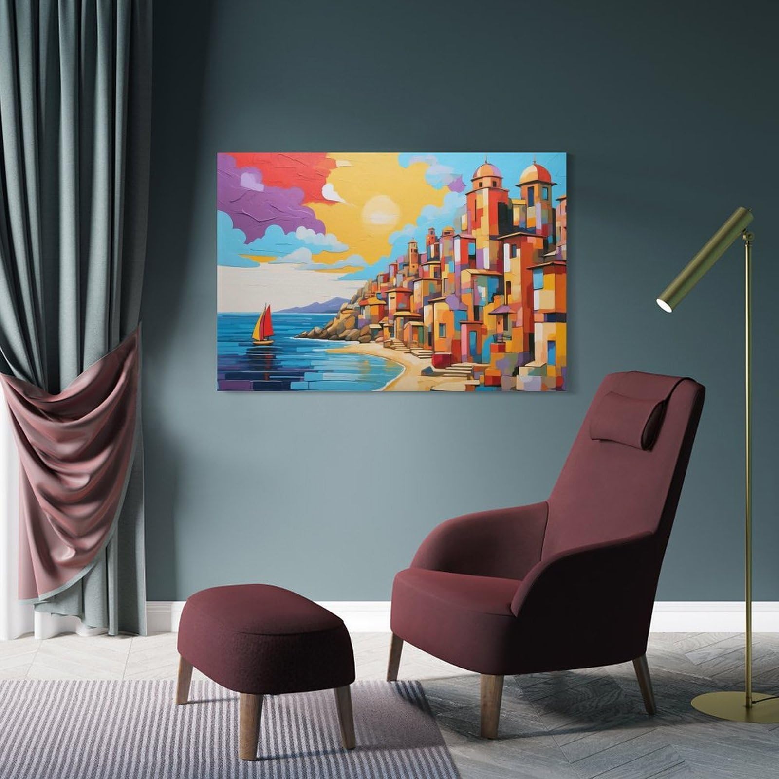Junmoney Frame-Style-24-2 Decorative Wall Artwork Colorful Coastal Village Painting With Sailboat, 20X30inch(50X75cm), For Sofa Walls, Lounge Or Home Corners, Modern Wall Decor For Cosy Interiors