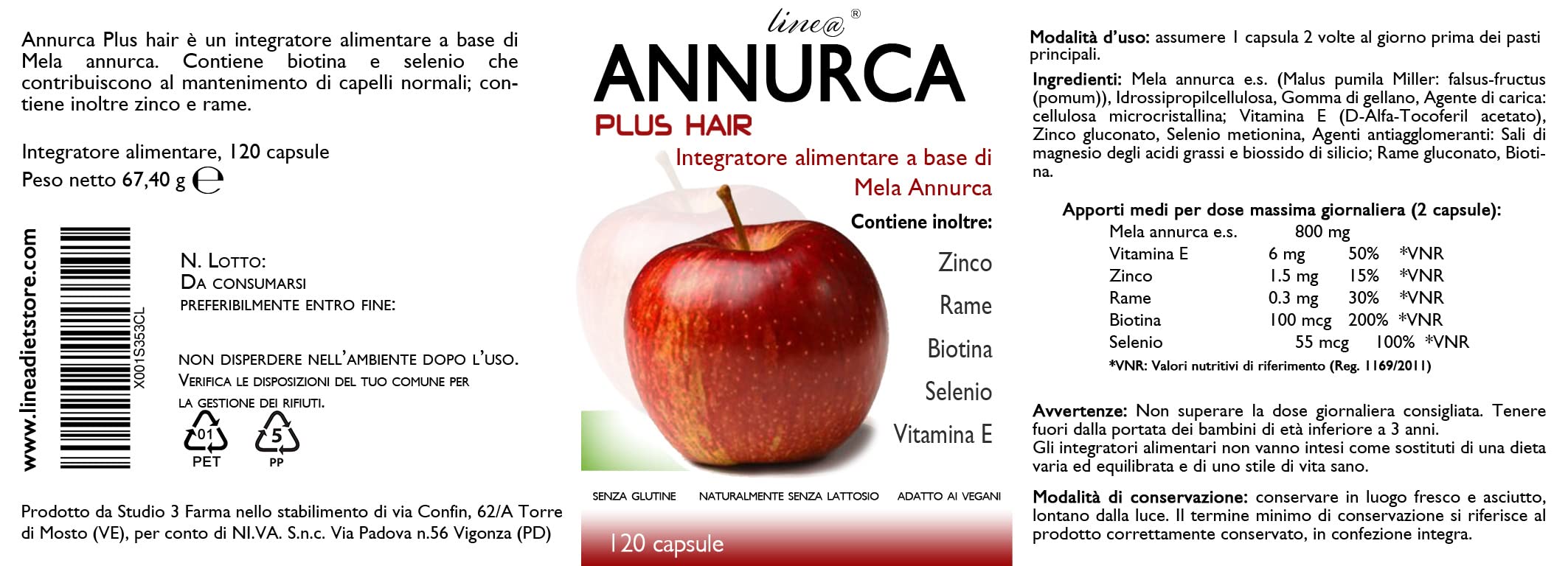 ANNURCA PLUS HAIR Line@ INCREMENTA e rinforza i tuoi CAPELLI! 800 mg di estratto secco di MELA ANNURCA, ZINCO – RAME – BIOTINA – SELENIO – VITAMINA E - (120)