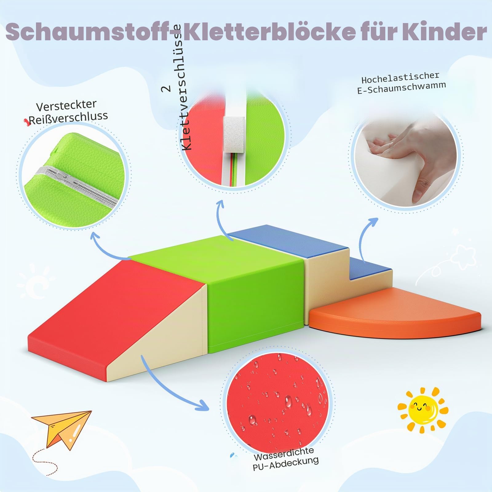 Corner Climber 4er Softbausteine Set,Baby-Kletterblöcke, kratzfester PU-Bezug, leicht zu reinigen, versteckter Reißverschluss, hochelastischer Schaumstoff, weiches Spielset für Kinder（JM3612）