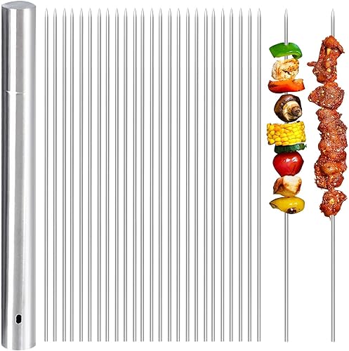 Miniatura 8 de 50 brochetas de metal plano para barbacoa de 14.8 pulgadas de largo de acero inoxidable, palitos de kebob anchos reutilizables para cocinar al aire
