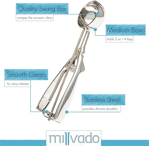 Miniatura 8 de Millvado Cuchara para helado con gatillo cuchara redonda de acero inoxidable para helado, masa de galletas, melón, etc. - Plato de alimentos con