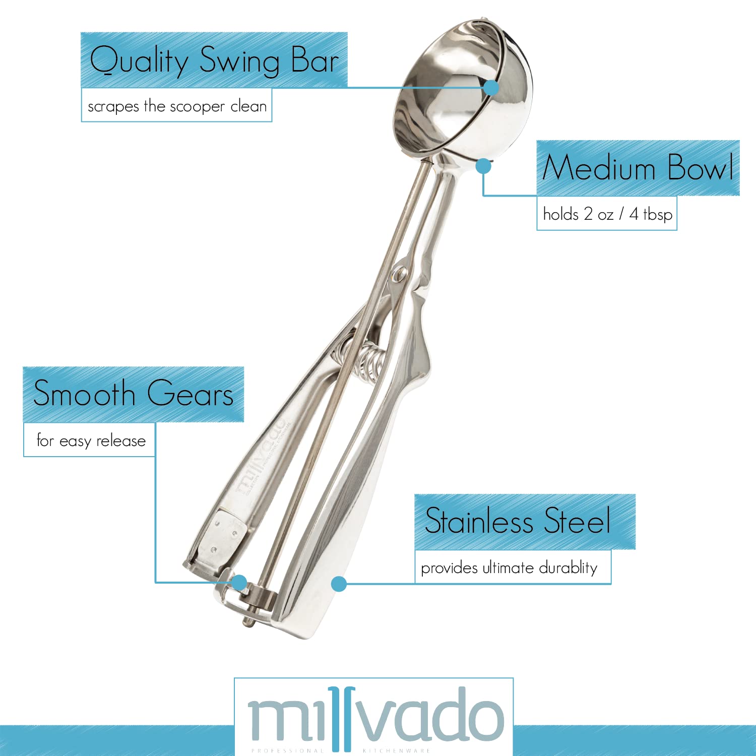 Amazon.com: Millvado 不鏽鋼冰淇淋和餅乾勺| 中型、彈簧式槓桿設計,適用於冰糕、甜瓜、肉丸、鬆餅等,2 盎司(約56.7 克)  (2-1/8 英吋(約2.5 公分)勺子: 居家與廚房