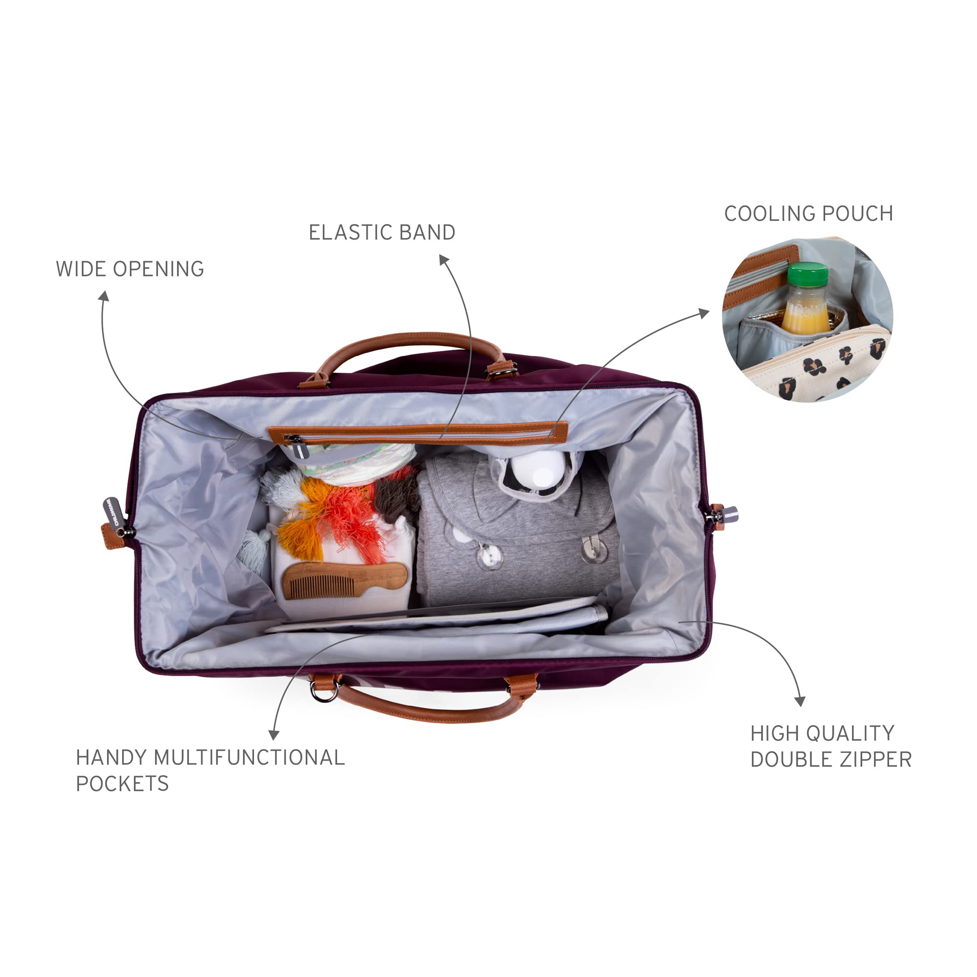 Childhome, Mommy Bag, torba na pieluchy, dla kobiet w ciąży, torba podróżna, duża pojemność, mata do przewijania, regulowany pasek na ramię, izolowana kieszeń, przejście na walizkę, bakłażan