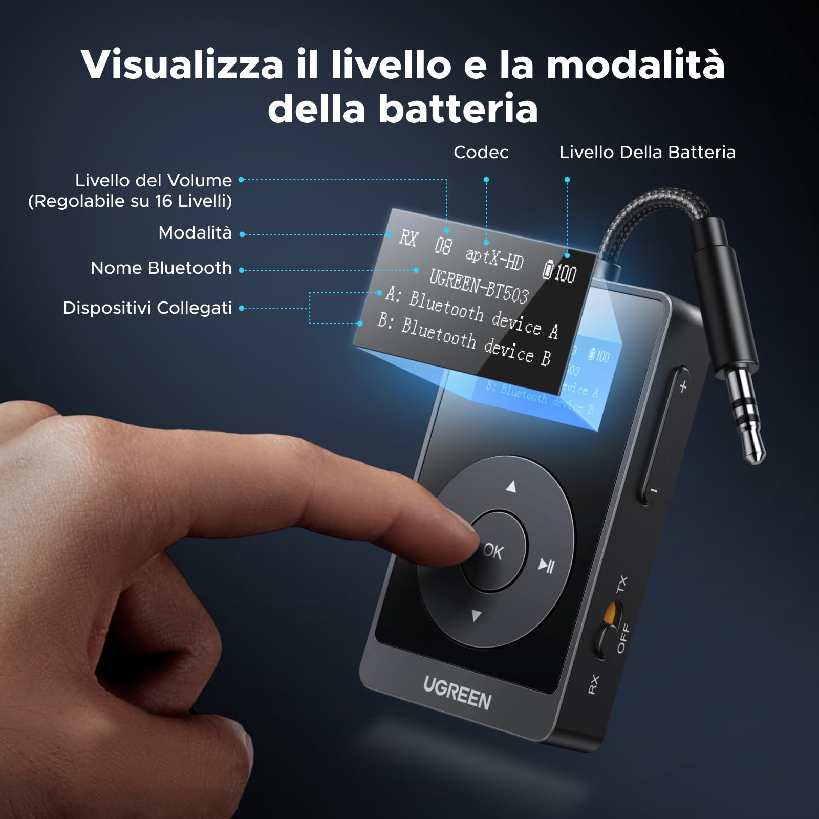 UGREEN Ricevitore Trasmettitore Bluetooth 5.3 aptX HQ Adattatore Bluetooth 2 in 1 Audio Jack da 3,5 mm per Auto Aereo TV PC Altoparlante Amplificatore