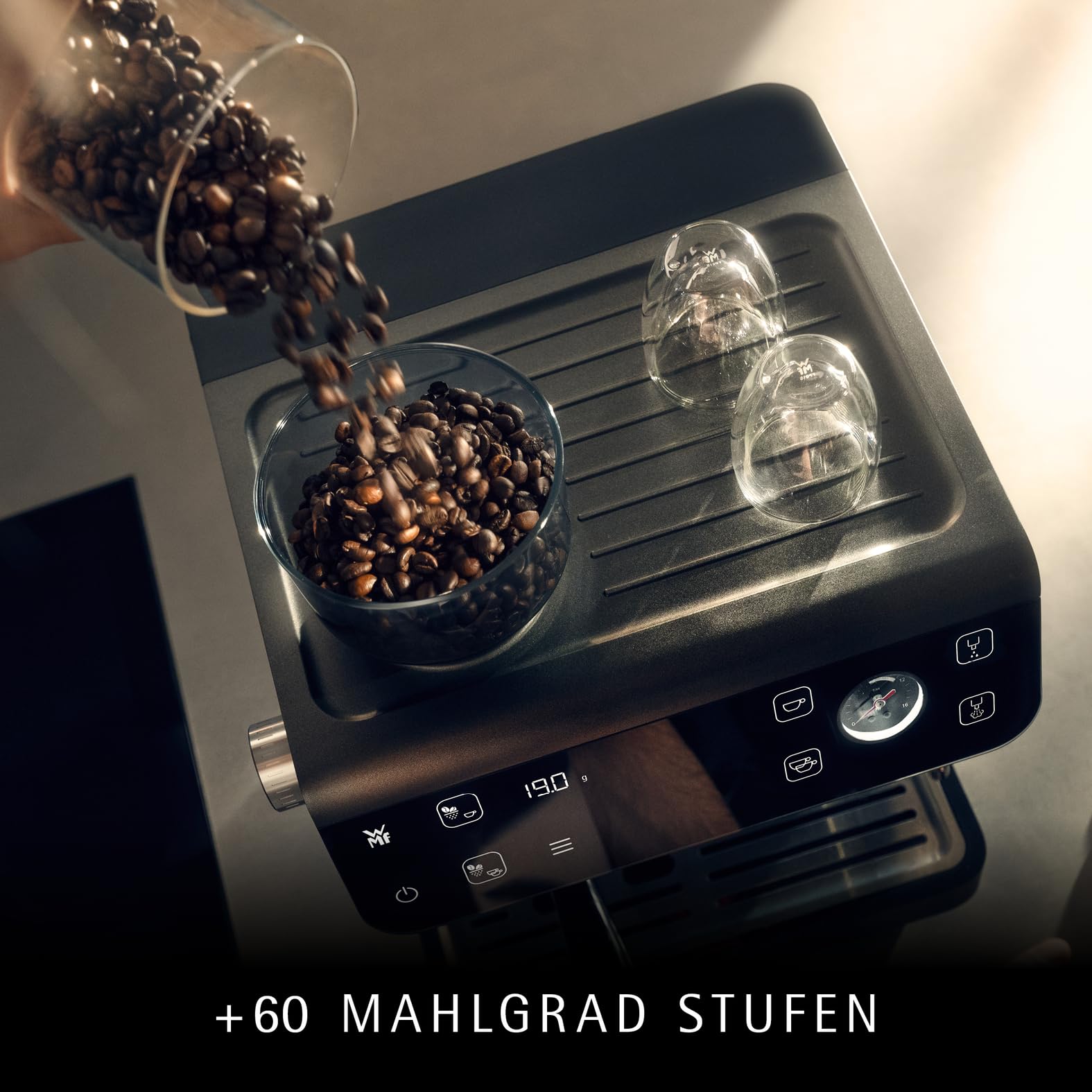 WMF Espresso Pro Siebträgermaschine, halbautomatische Espressomaschine mit Mahlwerk, 15 bar Druck, integrierte Waage, Doppel-Thermoblock Technologie, schnelles Erhitzen, Steingrau
