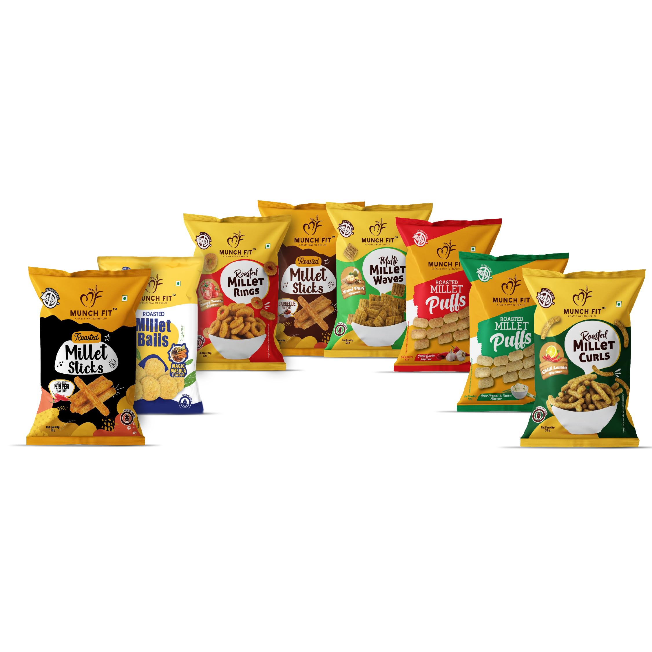 Munch Fit Healthy Roasted Combo of 8 Varieties of Millet Snacks | Magic Masala, Tangy Tomato,Cream Onion, Chilli Garlic Pani Puri, Barbeque & 2x Peri Peri Flavour | Pack of 1x50g each (B0CFHBVP8K) Amazon Price History, Amazon Price Tracker
